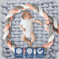 4M Kid Cot Bumper Braid Pillow Nursery Newborn Crib Bed Padded Protector Decor Gray+White+Pink