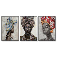 Wall Art 80cmx120cm African women II 3 Sets Black Frame Canvas