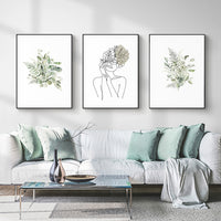 Wall Art 70cmx100cm Botanical Line Girl 3 Sets Black Frame Canvas