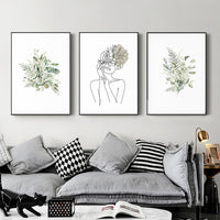 60cmx90cm Botanical Line Girl 3 Sets Black Frame Canvas Wall Art