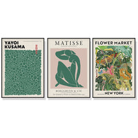 60cmx90cm Flower Market, Matisse Print, Yayoi Kusama 3 Sets Black Frame Canvas Wall Art