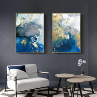 70cmx100cm Marbled Blue And Gold 2 Sets Gold Frame Canvas Wall Art