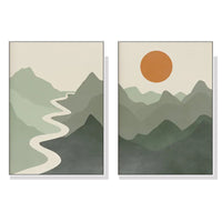 Wall Art 90cmx135cm Sage Green River Mountain 2 Sets White Frame Canvas