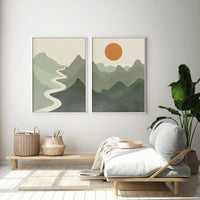 60cmx90cm Sage Green River Mountain 2 Sets White Frame Canvas Wall Art