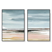 90cmx135cm Pink Beach Landscape 2 Sets Black Frame Canvas Wall Art 