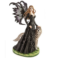 Large Black Fairy Princess with White Wolf Figurine