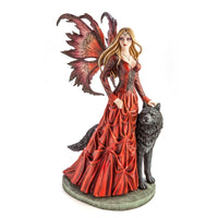 Large Red Fairy Princess with Black Wolf Figurine