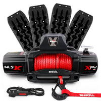 X-BULL 12V Electric Winch 14500LBS synthetic rope with 2 Pairs Recovery Tracks Gen2.0 Black