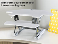 Fortia Corner Desk Riser 110cm Wide Adjustable Sit to Stand for Dual Monitor, Keyboard, Laptop, White