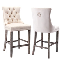 4X Velvet Bar Stools with Studs Trim Wooden Legs Tufted Dining Chairs Kitchen