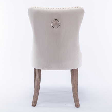 4x Velvet Dining Chairs Upholstered Tufted Kithcen Chair with Solid Wood Legs Stud Trim and Ring-Beige