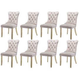 8x Velvet Dining Chairs Upholstered Tufted Kithcen Chair with Solid Wood Legs Stud Trim and Ring-Beige
