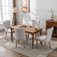 4x AADEN Modern Elegant Button-Tufted Upholstered Fabric with Studs Trim and Wooden legs Dining Side Chair-Beige