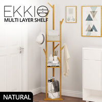 Ekkio Modern Style Sturdy Construction Bamboo Clothing Rack With 9 Hooks Multi Layer Shelf (Natural)