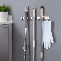 GOMINIMO Stainless Steel Broom Mop Holder Wall Mount with 3 Racks 4 Hooks (Grey) GO-BMH-100-YLF
