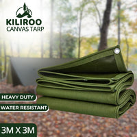 KILIROO 3X3m Heavy Duty Waterproof Sun Blocked Dustproof Canvas Tarp Army Green