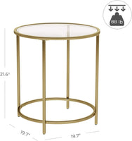 VASAGLE Round Side Table Tempered Glass End Table With Golden Metal Frame Small Coffee Table Gold LGT20G