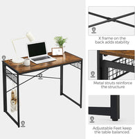 VASAGLE Computer Desk Folding Writing Desk with 8 Hooks Rustic Brown and Black LWD42X
