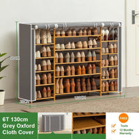 Grey Cover Six Tier Oxford Cloth Covered Tower Bamboo Wooden Shoe Rack Boot Shelf Stand Storage Organizer