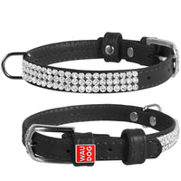 Waudog Leather Dog Collar with Crystals 19-25CM BLACK