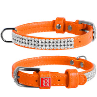 Waudog Leather Dog Collar with Crystals 19-25CM  ORANGE