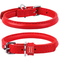 Waudog Leather Round Dog Collar  39-47CM RED
