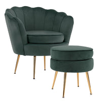 Armchair Lounge Chair Accent Velvet Shell Scallop + Ottoman Footstool Round GREEN