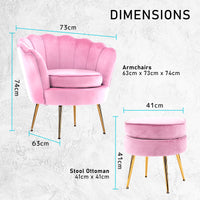Armchair Lounge Chair Accent Velvet Shell Scallop + Round Ottoman Footstool PINK