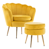 Armchair Lounge Chair Accent Velvet Shell Scallop + Round Ottoman Footstool YELLOW