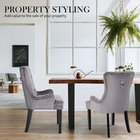 French Provincial Dining Chair Ring Studded Velvet Rubberwood Leg LISSE GREY