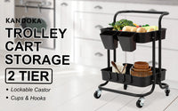 Trolley Cart Storage Utility Rack Shelf Organiser Swivel Kitchen 2 Tier BLACK