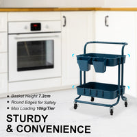 Trolley Cart Storage Utility Rack Shelf Organiser Swivel Kitchen 2 Tier BLUE