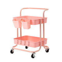 Trolley Cart Storage Utility Rack Shelf Organiser Swivel Kitchen 2 Tier PINK