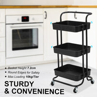 Trolley Cart Storage Utility Rack Shelf Organiser Swivel Kitchen 3 Tier BLACK