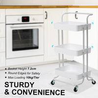 Trolley Cart Storage Utility Rack Shelf Organiser Swivel Kitchen 3 Tier WHITE