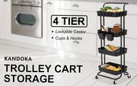 Trolley Cart Storage Utility Rack Shelf Organiser Swivel Kitchen 4 Tier BLACK