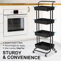Trolley Cart Storage Utility Rack Shelf Organiser Swivel Kitchen 4 Tier BLACK