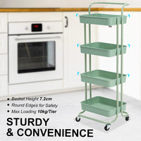 Trolley Cart Storage Utility Rack Shelf Organiser Swivel Kitchen 4 Tier GREEN