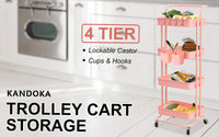 Trolley Cart Storage Utility Rack Shelf Organiser Swivel Kitchen 4 Tier PINK