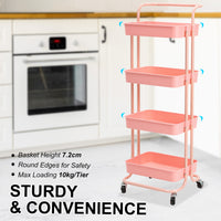 Trolley Cart Storage Utility Rack Shelf Organiser Swivel Kitchen 4 Tier PINK