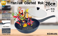 KOMAN Non-Stick Titanium Coating Wok Pan 26cm + Glass Lid