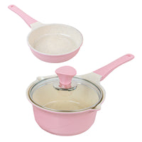 Sauce Pot Frying Pan w/ a Lid Set Non-Stick Stone Induction IH Frypan 16cm PINK