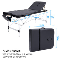 Aluminium Portable Beauty Massage Table Bed 3 Fold 70cm Black
