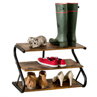 Matte Black Frame Rustic Wood 3-Tier Medium Shoe Rack Shelf Stand Storage Organizer