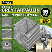 Handy Hardware 18PCE 130GSM Grey Tarpaulin UV Resistant Waterproof 2.4 x 3m