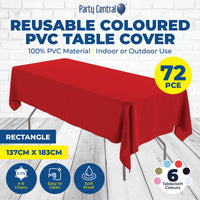 Party Central 72PCE Table Cloth PVC Coloured Waterproof Reusable 137 x 183cm