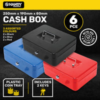 Handy Hardware 6PCE Metal Cash Box With Keys Assorted Colours 250 x 190mm