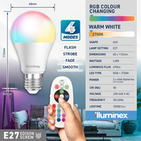 illuminex 6PCE 4.8W Edison Screw LED RGB/Warm White Globe Remote Controlled