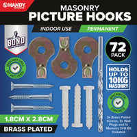 Handy Hardware 72PCE Masonry Picture Hooks Drill Bit Included 10kg Hold