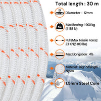 12mm 30m Safety Climbing Rope Nylon Rock Static Outdoor Boat Anchor Marine Rope Dock Lines Rope